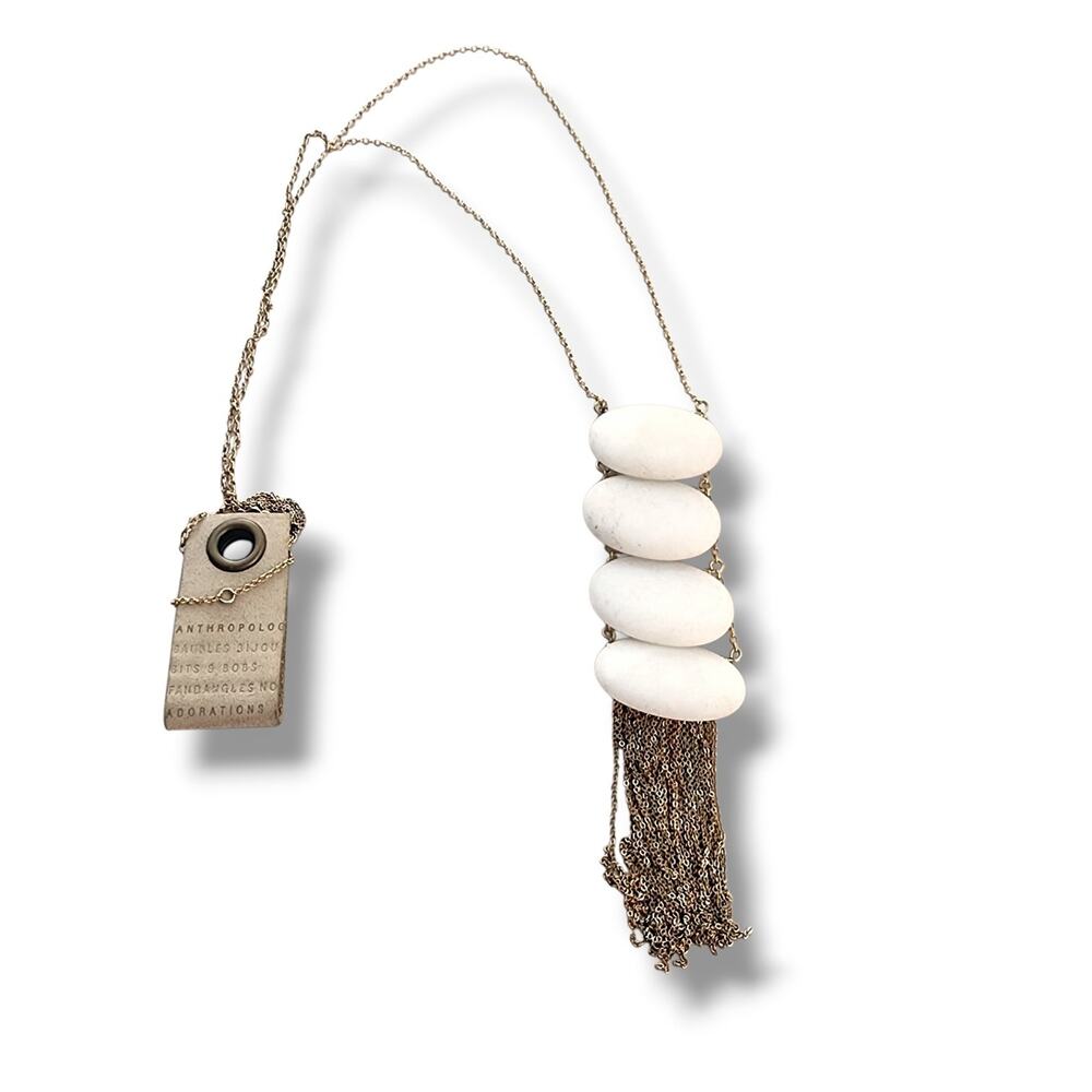 NWT Anthropologie Quartz Long Necklace Tasselled Semi Precious Stone White Gold